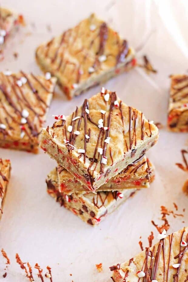 Soft chocolate chip cookie bars bursting with peppermint flavor and bits of crushed candy canes are a festive way to celebrate the season.