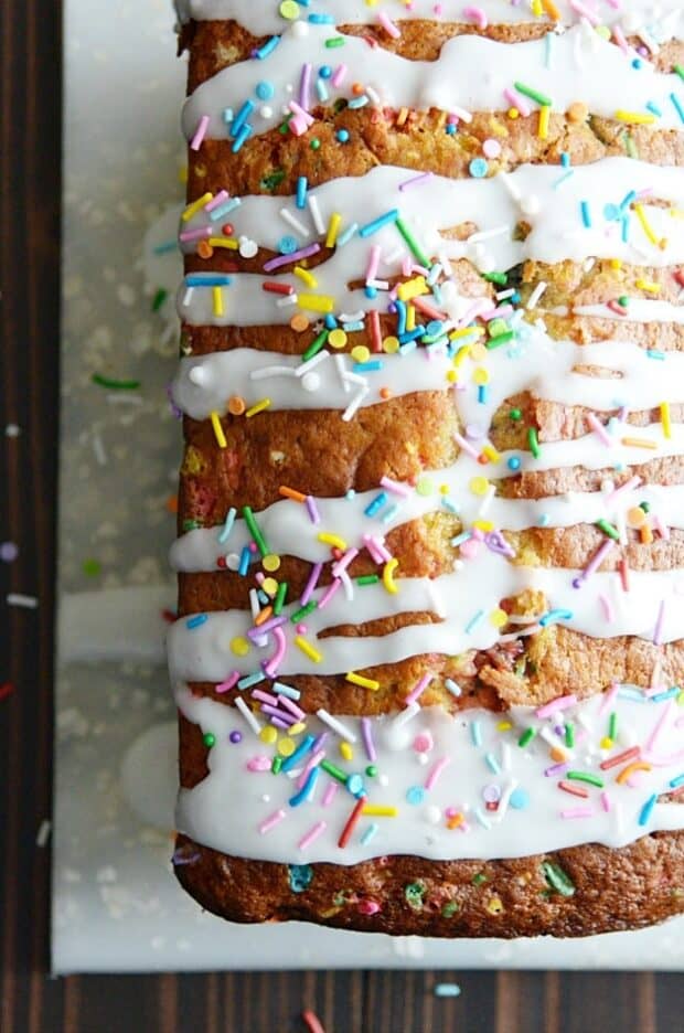 This banana bread is perfect for a special birthday breakfast or just a fun way to use up those old bananas! Incredibly moist, easy to make, and so much fun.