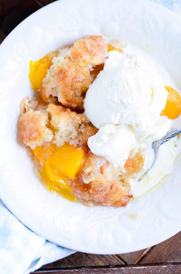Quick and easy peach cobbler. The perfect recipe to stretch out those summer days a little bit longer!