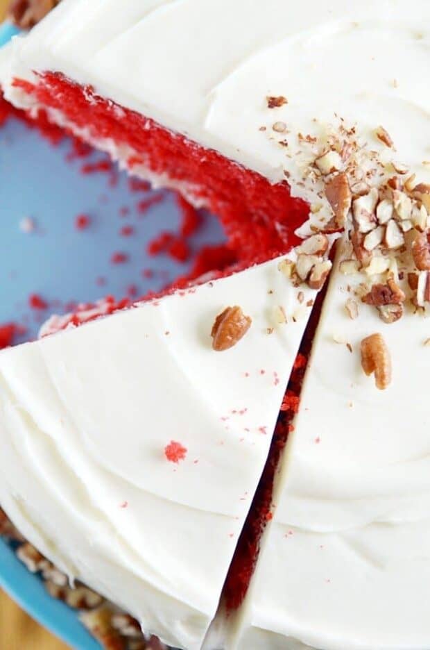Supremely moist and delicious Red Velvet Cake with cream cheese frosting.