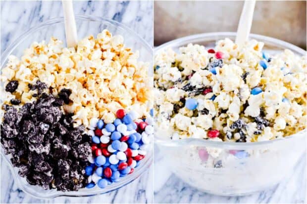 White chocolate coated kettle corn, M&MS, and Firecracker Oreos come together in just a few minutes to make this Firecracker Popcorn Chow.
