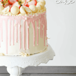 Fluffy white cake made from scratch, filled with my mom's homemade strawberry sauce, and frosted with a whipped white chocolate buttercream that is TO DIE FOR. 