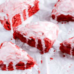 These red velvet scones require just a few simple ingredients. They are so moist and topped with a delicious vanilla bean glaze!