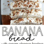My favorite classic banana bread recipe smothered in cream cheese frosting and chopped pecans.