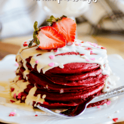 Thick and fluffy Red Velvet Pancakes are the perfect, simple breakfast for Valentine's Day!