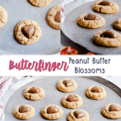 Simple 4-ingredient peanut butter blossoms made with Butterfinger hearts. This my favorite Valentine's day cookie, and we make them every year!