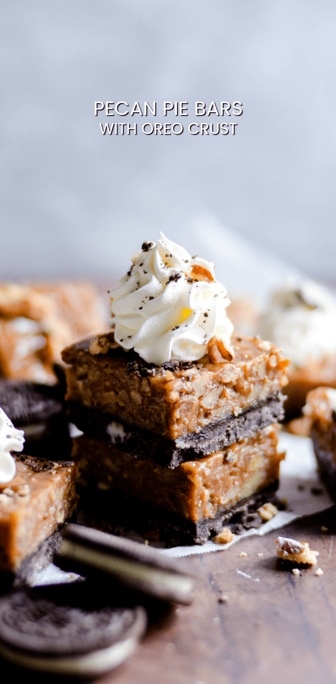No bake pecan pie filling spread over a simple Oreo crust. These Oreo Pecan Pie Bars are a fun and EASY twist on a Thanksgiving classic!